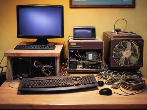 Old computer, 32-bit architecture, Ubuntu operating system, retro desktop, wooden desk, messy cables, worn-out keyboard, old mouse, small CRT monitor, dimly lit room, warm yellow lighting, afternoon s