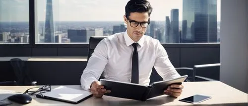 Male, IT professional, 30s, short black hair, glasses, formal wear, white shirt, tie, black trousers, leather shoes, holding a tablet, sitting in a modern office, desk with multiple monitors, cityscap