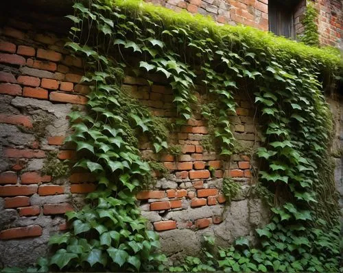 Old, cracked wall, East European style, worn-out brick texture, ivy crawling up, moss growing in crevices, warm afternoon sunlight, soft shadows, 3/4 composition, low-angle shot, dramatic lighting, ci