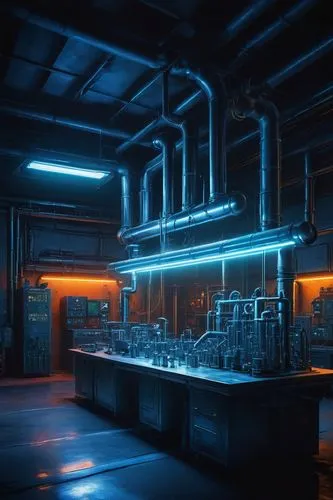 Stable diffusion, futuristic laboratory, sci-fi setting, glowing neon lights, metallic tables, various scientific equipment, cylindrical containers, misty atmosphere, soft focus, shallow depth of fiel