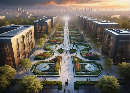 Modern landscape architecture design plan, futuristic cityscape, skyscrapers, green roofs, walking paths, urban gardens, fountains, street lamps, benches, vibrant blooming flowers, lush greenery, geom