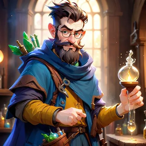 a stylized, medieval - styled image of an older man holding a beakle of liquid,brewmaster,alchemist,apothecary,alchemists,candlemaker,innkeeper,merchant,jarlaxle,brewmasters,conjurer,magister,clockmak