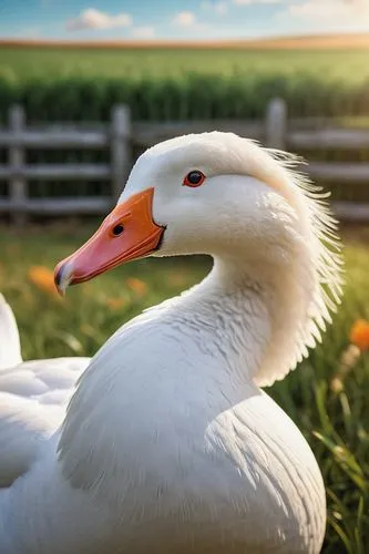 White goose, standing, wings spread wide, fluffy feathers, orange beak, bright inquisitive eyes, green grass, sunny day, gentle breeze, farm, countryside, rustic fence, soft focus, warm lighting, cine