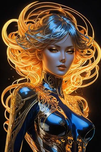 Galaxy Express 999, 
Hajime Sorayama style, android, chrome and gold, polished, reflections,A digital artwork featuring a silhouette of a woman in fiery, ethereal energy. The figure is composed of glo