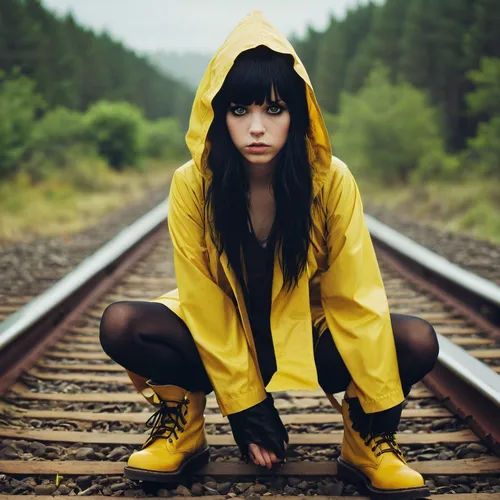 yellow jumpsuit,yellow and black,raincoat,yellow,yellow line,parka,trespassing,rain suit,black yellow,yellow color,the girl at the station,yellow mustard,little yellow,trench coat,yellow skin,railroad track,depressed woman,yellow bell,railroad,yellow rose on rail,Photography,Artistic Photography,Artistic Photography 14