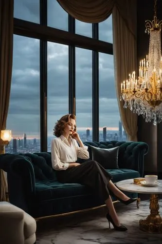 Albert Hadley inspired interior design, luxurious modern living room, mature lady, 30s, curly brown hair, elegant makeup, white shirt, black pencil skirt, high heels, sitting on a velvet sofa, sipping