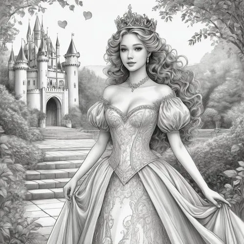 fairy tale character,princess sofia,fairy tale castle,peignoir,fairy tale,noblewoman,Illustration,Black and White,Black and White 30