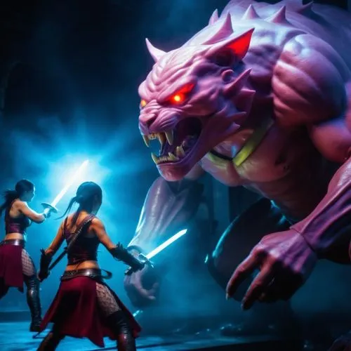 A homunculus fighting female Amazon warriors with glowing magic swords,a group of women stand in front of a monster,mamozai,kaido,rakshasa,tizoc,mahasena,khwarezmid