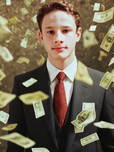 An attractively young man with a 3 piece suit with money flying all around them,money rain,ceo,destroy money,billionaire,eth,make money,shekel,the dollar,dollar rain,usd,an investor,grow money,money,c