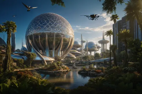 futuristic landscape,epcot ball,epcot center,futuristic architecture,epcot spaceship earth,fantasy world,futuristic art museum,bird kingdom,fantasy city,terraforming,3d fantasy,sky space concept,fantasy landscape,alien world,skyflower,virtual landscape,flower dome,artificial islands,artificial island,utopian