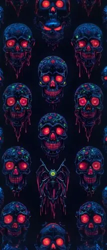 a large group of creepy skulls in different colors,halloween wallpaper,halloween background,red blue wallpaper,bandana background,wallpaper,scroll wallpaper