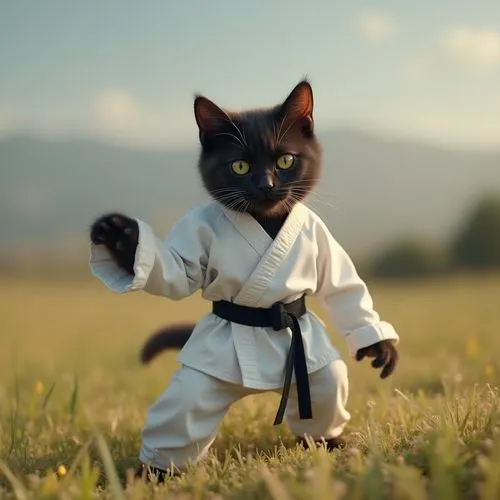 一隻Q版黑貓穿白色功夫服黑色腰帶跌倒的滑稽畫面,a cat is kicking someone wearing karate attire,cat warrior,karate,karateka,jitsu,martial arts,jiji the cat