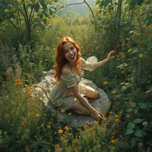 a woman in a dress sitting on top of a rock,demelza,primavera,persephone,girl in flowers,principessa,girl in the garden