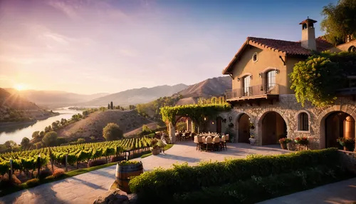 High end exterior of winery in California, high-end realistic architectural rendering with wood, stone, barrels, industrial modern atmospheric environment, sun rays, warm light, sunset, lush trees, lu