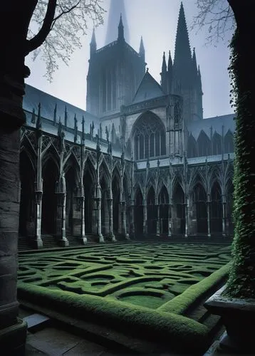 Gothic cathedral, grand, intricate stone carvings, stained glass windows, ribbed vaults, pointed arches, flying buttresses, ornate pinnacles, tall spires, dark mysterious atmosphere, foggy misty surro