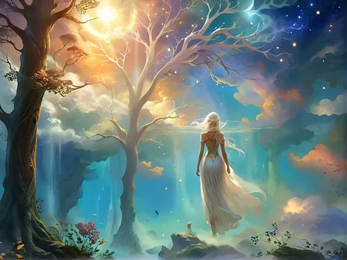 a girl standing on a hill near a tree and sky,fantasy picture,faerie,forest of dreams,fairy forest,enchanted forest,fantasy art,Illustration,Realistic Fantasy,Realistic Fantasy 01