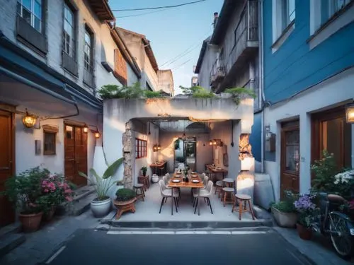 this courtyard has some tables and chairs on it,nafplio,nafplion,rethymno,exarchia,athens,martre,beyoglu,galata,narrow street,athen,chania,greece,skiathos,istanbul,balat,street cafe,glyfada,gasse,myti