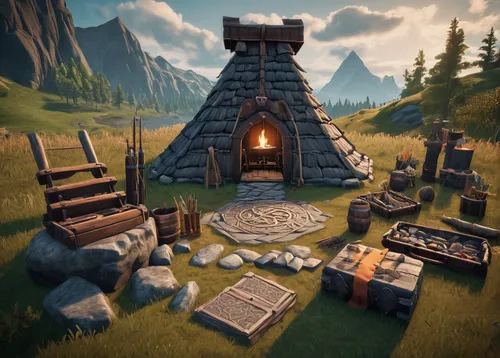 collected game assets,stone oven,blackhouse,ancient house,campfires,mountain settlement,lodge,wood doghouse,hearth,castle iron market,alpine village,wigwam,campsite,build a house,fireplaces,log cabin,wood-burning stove,druid grove,thermokarst,campfire,Unique,Design,Knolling