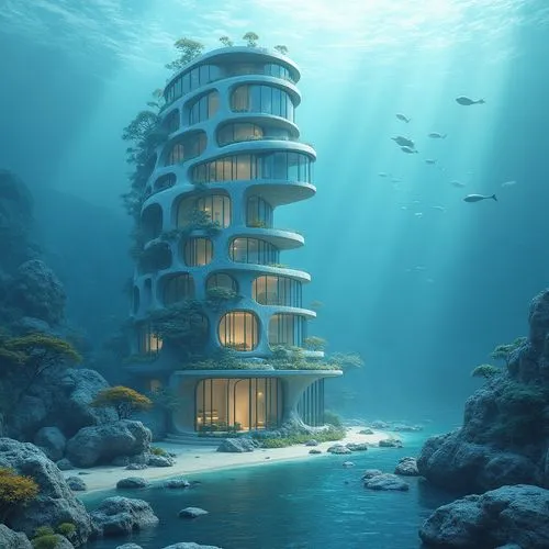 seasteading,house of the sea,aqua studio,underwater oasis,underwater landscape,underwater playground