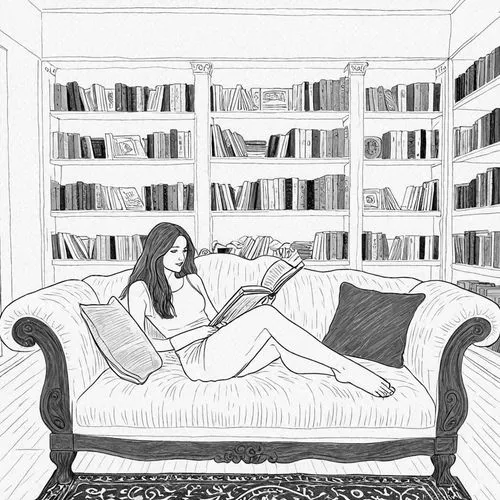 a girl sitting on a couch reading a book,bibliophile,bookworm,bookshelves,bookish,bookworms,coffee and books,Design Sketch,Design Sketch,Detailed Outline