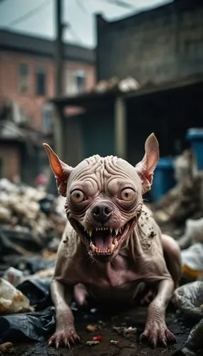 sphynx,goblin,human don't be angry,peruvian hairless dog,trash land,stray dog,abandoned dog,street dog,anthropomorphized animals,dwarf bulldog,american hairless terrier,garbage collector,roof rat,gnaw,snarling,waste collector,it,slum,animal photography,harmless,Photography,General,Cinematic