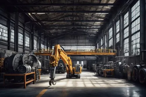 Industrial stable, diffused natural light, XL-sized machinery, metallic structure, steel beams, concrete floor, intricate pipes, modern factory setting, urban background, afternoon soft lighting, 3/4 