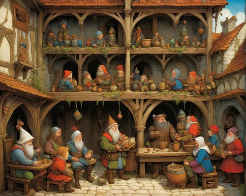 medieval market,gnomes at table,tavern,middle ages,the middle ages,the pied piper of hamelin,medieval,prejmer,rathauskeller,medieval architecture,dwarves,medieval street,dwarfs,medieval town,merchant,marketplace,drinking establishment,hamelin,eulenspiegel,knight village,Illustration,Realistic Fantasy,Realistic Fantasy 05