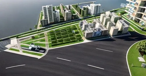 give me A render depicting a residential neighborhood with a 3D model showcasing streets, green spaces, along with human characters and cars, accompanied by the sky.,smart city,urban development,urban