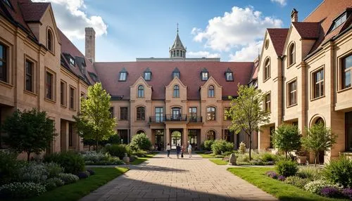 Grand university building, ornate roof tiling, Gothic arches, ribbed vaults, flying buttresses, stained glass skylights, intricate stone carvings, classical columns, symmetrical fa\u00e7ade, imposing 