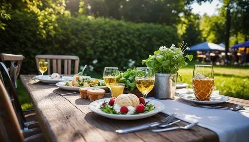 Lunch, outdoor cafe, sunny day, warm light, beautiful detailed flowers, greenery, trees, wooden tables, metal chairs, white tablecloths, wine glasses, bread baskets, salad plates, pasta dishes, refres