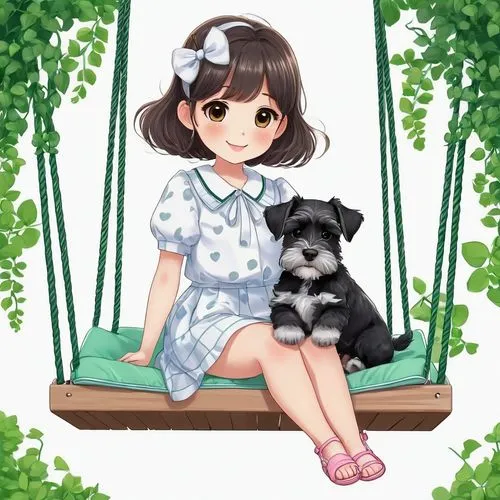 shih poo,garden swing,shih tzu,japanese terrier,dog illustration,pet black,girl with dog,shih-poo,gingham,puppy pet,swing set,dog and cat,two dogs,nori,pet portrait,maltepoo,custom portrait,himuto,summer day,pet,Illustration,Japanese style,Japanese Style 01