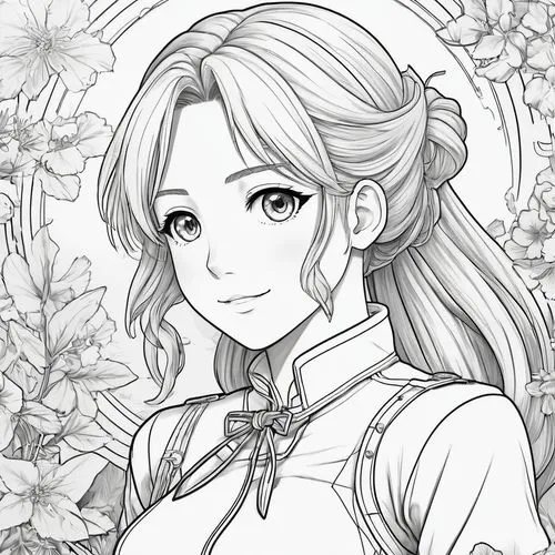 aerith,florina,belldandy,camellia,flower line art,lily of the field,Illustration,Japanese style,Japanese Style 01