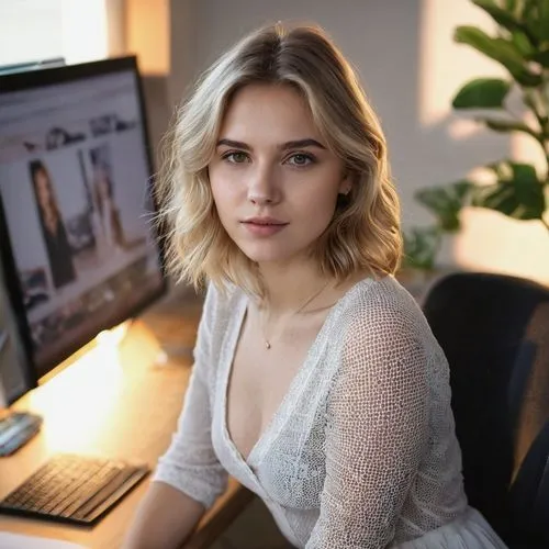 (20 years old, young:1.2)  A beautiful young girl with short messy blond hair in an office . She is looking at the camera. A Masterpiece, best quality, relaxing, sitting, Women's skinny Skirt, Low Ris