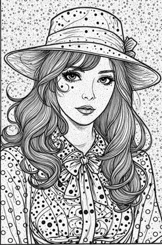 comic halftone woman,fashion vector,coreldraw,coloring page,straw hat,comic halftone,Design Sketch,Design Sketch,Black and white Comic