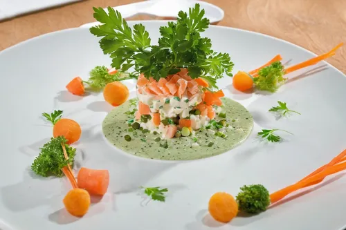 Parsley root cream with trout tartare, croutons and vegetable straws,salmon tartar,carrot salad,olivier salad,catering service bern,vegetable prawn salad,vegetable skewer,sauce gribiche,plated food,sa