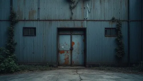 rusty door,creepy doorway,derelict,shuttered,steel door,disused,old door,iron door,decay,condemned,blue door,dereliction,dilapidation,loading dock,empty factory,lostplace,rusting,lost place,warehouse,fordlandia,Photography,General,Realistic