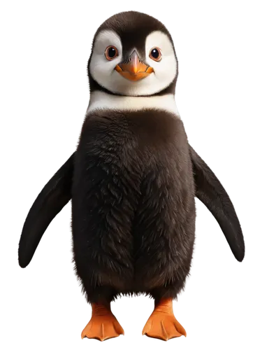 Penguin, standing upright, black tuxedo feathers, white belly, orange beak, big eyes, flippers, cute expression, solo, Antarctic background removed, soft lighting, cinematic composition, shallow depth