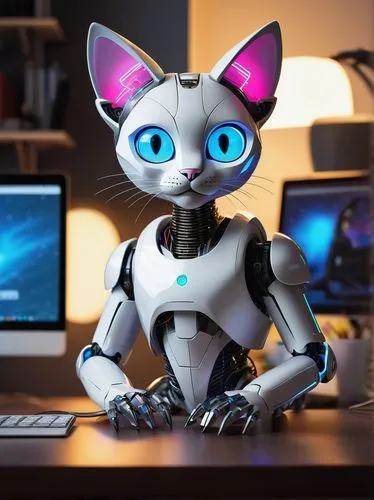 Doja cat, AI robot pet, futuristic, white and silver metallic body, glowing blue eyes, shiny smooth fur, ears with antennae, tail with wires, sitting on a sleek modern desk, surrounded by coding books