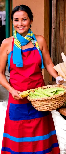 Traditional Colombian Tamale vendor, mature lady, solo, (40yo), warm smile, dark hair, colorful scarf, vibrant dress, apron, holding steaming hot tamales, standing, market stall, rustic wooden table, 