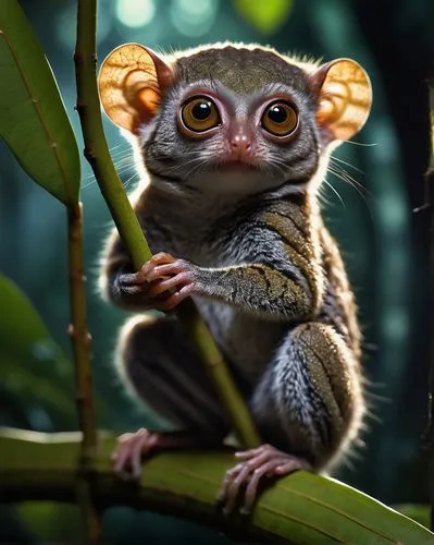 Madagascar tarsier, nocturnal primate, small body, big round eyes, fluffy fur, white stripes on forehead, pointed ears, thin tail, standing on hind legs, grasping a branch, rainforest, dense foliage, 