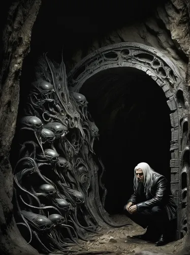 Create a tense scene of a character trying to escape a crumbling, underground cave.,woman praying,dark art,conceptual photography,photo manipulation,praying woman,hall of the fallen,charcoal nest,man 