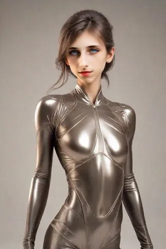 silver,catsuit,fembot,metal figure,ammo,aluminum,Photography,Realistic