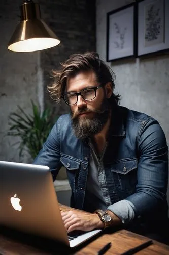 Daryl Carter, male, interior designer, 35yo, stylish beard, messy hair, black-framed glasses, casual wear, denim shirt, dark jeans, sneakers, sitting, designing, desk, lamp, MacBook, papers, pens, ins