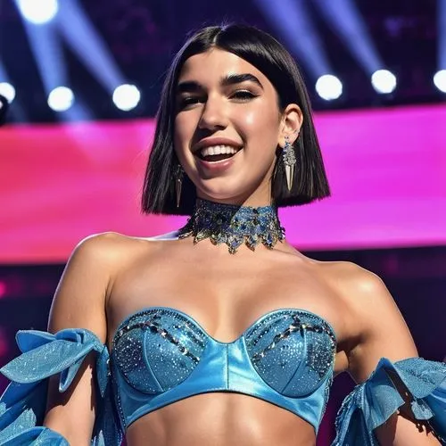 dua lipa,denim bow,bandana,crop top,choker,killer smile,paloma,breasted,rockabella,blue hair,a smile,tube top,grin,wig,confident,see-through clothing,lira,santana,fabulous,social,Photography,General,Realistic