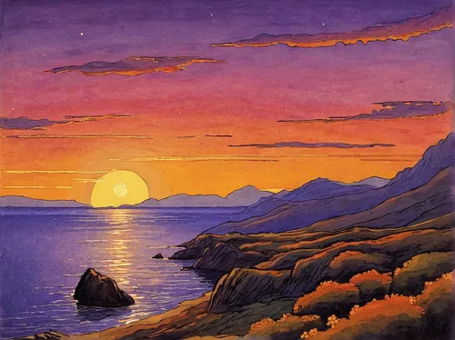 coastal landscape,purple landscape,landscape with sea,coast sunset,an island far away landscape,moonrise,sea landscape,beach landscape,seascape,horizon,purple moon,la palma,navajo bay,khokhloma painting,landscape,volcanic landscape,stromboli,lake baikal,napali,panoramic landscape,Illustration,Black and White,Black and White 29