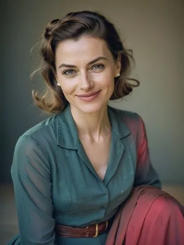 B&W: Female smiling into the camera,a woman wearing a green top with brown pants,jadzia,sarikaya,stana,karavaeva,kubra,birce akalay,Photography,Black and white photography,Black and White Photography 