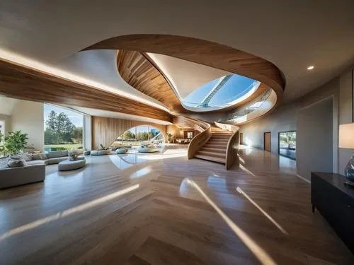 this large room has a very long curved staircase,interior modern design,luxury home interior,modern living room,dunes house,contemporary decor,hardwood floors