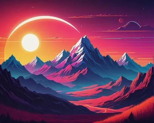 mountain sunrise,mountains,futuristic landscape,alpine sunset,lunar landscape,mountain world,dusk background,dune landscape,mountain landscape,landscape background,extrasolar,paisaje,mountain,retro background,mountainous landscape,alien planet,dribbble,fantasy landscape,mountain range,desert landscape,Conceptual Art,Sci-Fi,Sci-Fi 12