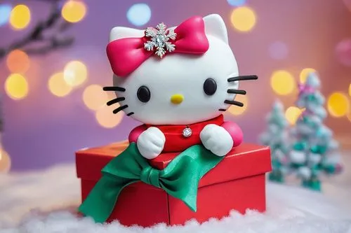 Hello Kitty, Christmas theme, festive red and green decorations, white fur with pink bow, sparkling diamond collar, cute facial expression, sitting on a pile of gifts, wrapped in colorful paper and bo