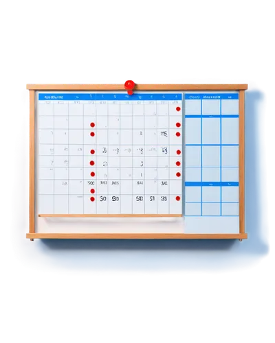 calendar, hanging on wall, wooden frame, white background, monthly layout, red markers, blue ink, grid lines, 3D shadow, soft focus, morning light, panoramic view, shallow depth of field, warm color t